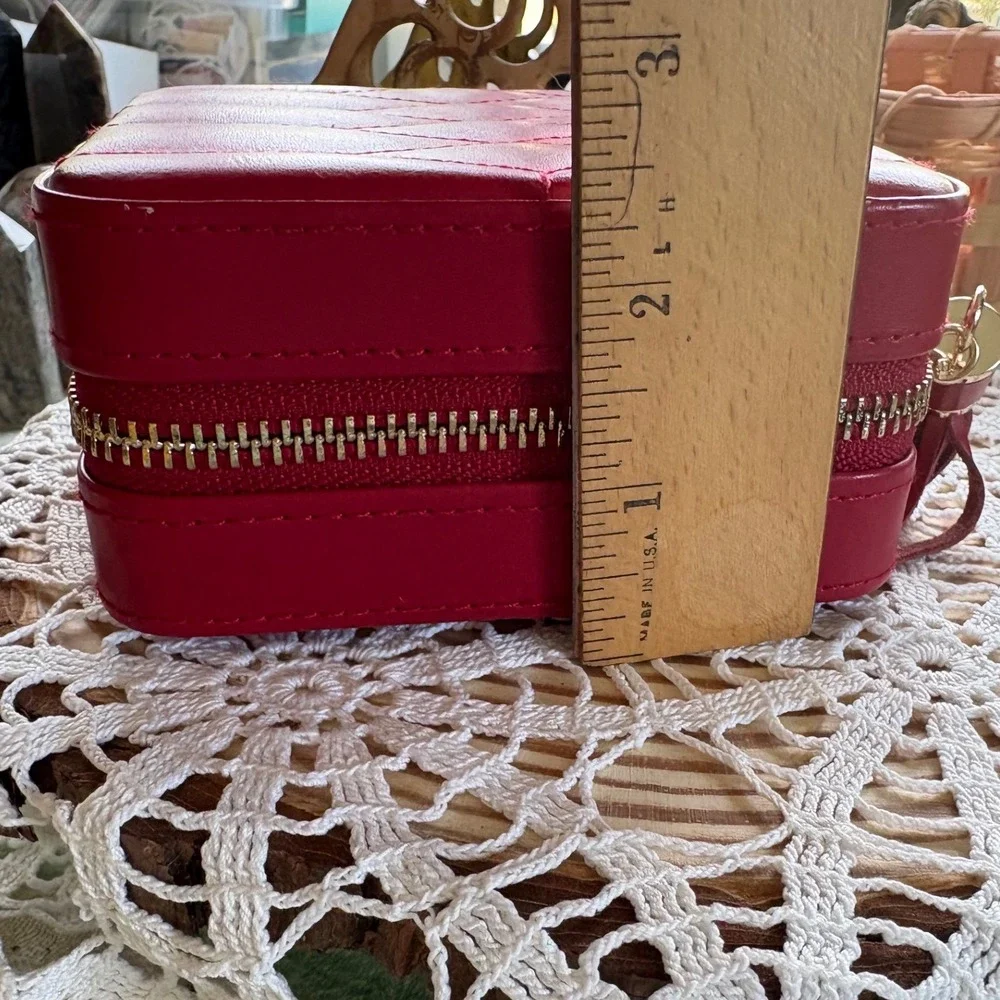 WOLF Red Square Jewelry Case Travel Organizer Quilted Tassel Leather